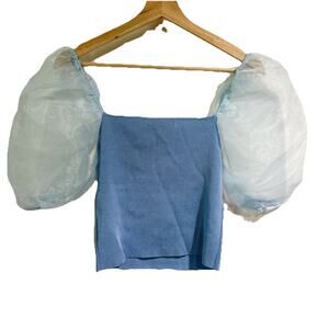 Forever 21 Women Small Blue Cropped Blouse With Mesh Sheet Puff Sleeves